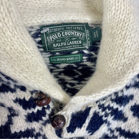 Vtg 90 Polo Country Snowflake Shawl Collar Hand Knit Wool Sweater M - Picture 5 of 10